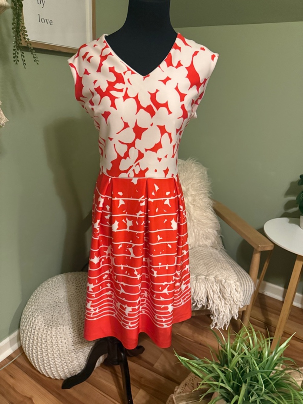 Red and White Printed V-Neck Fit & Flare Dress